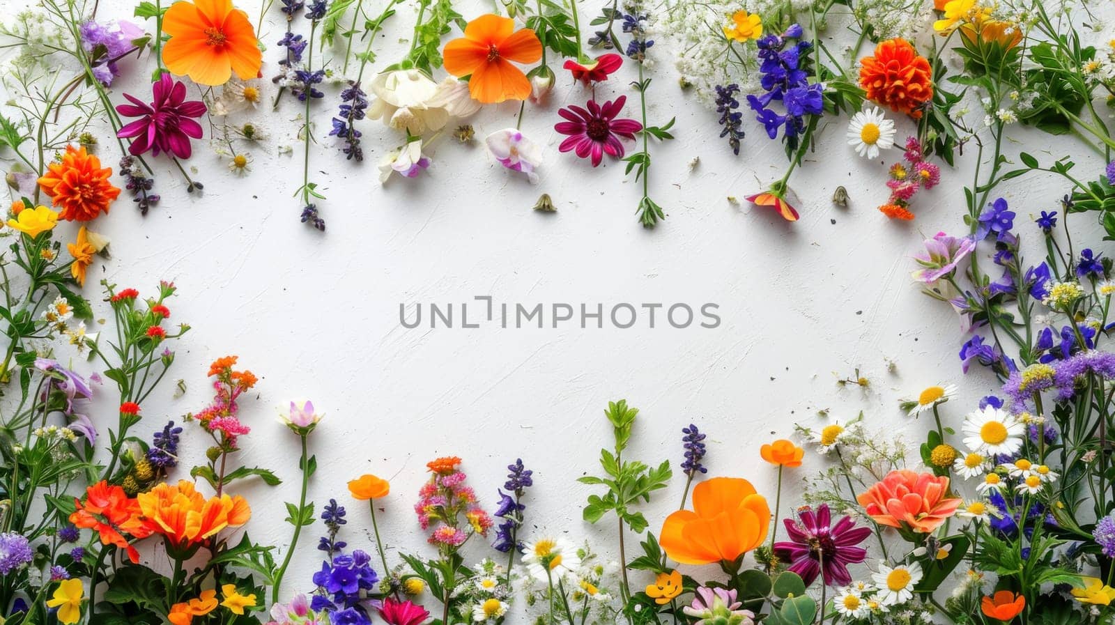 Colorful flowers surrounding white background. Generative AI.