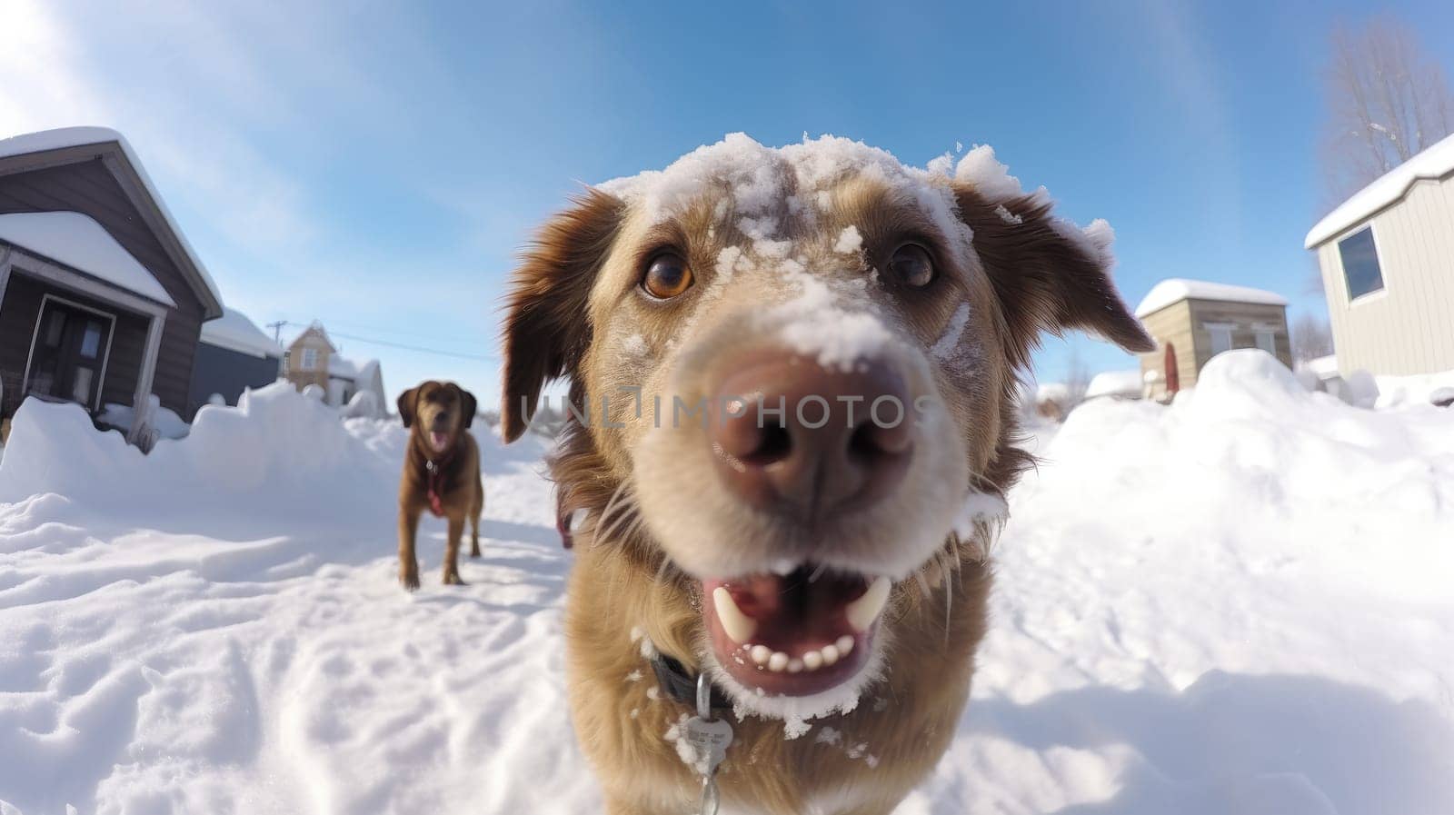 Fisheye portrait of dog on snow covered field, AI Generative by nijieimu