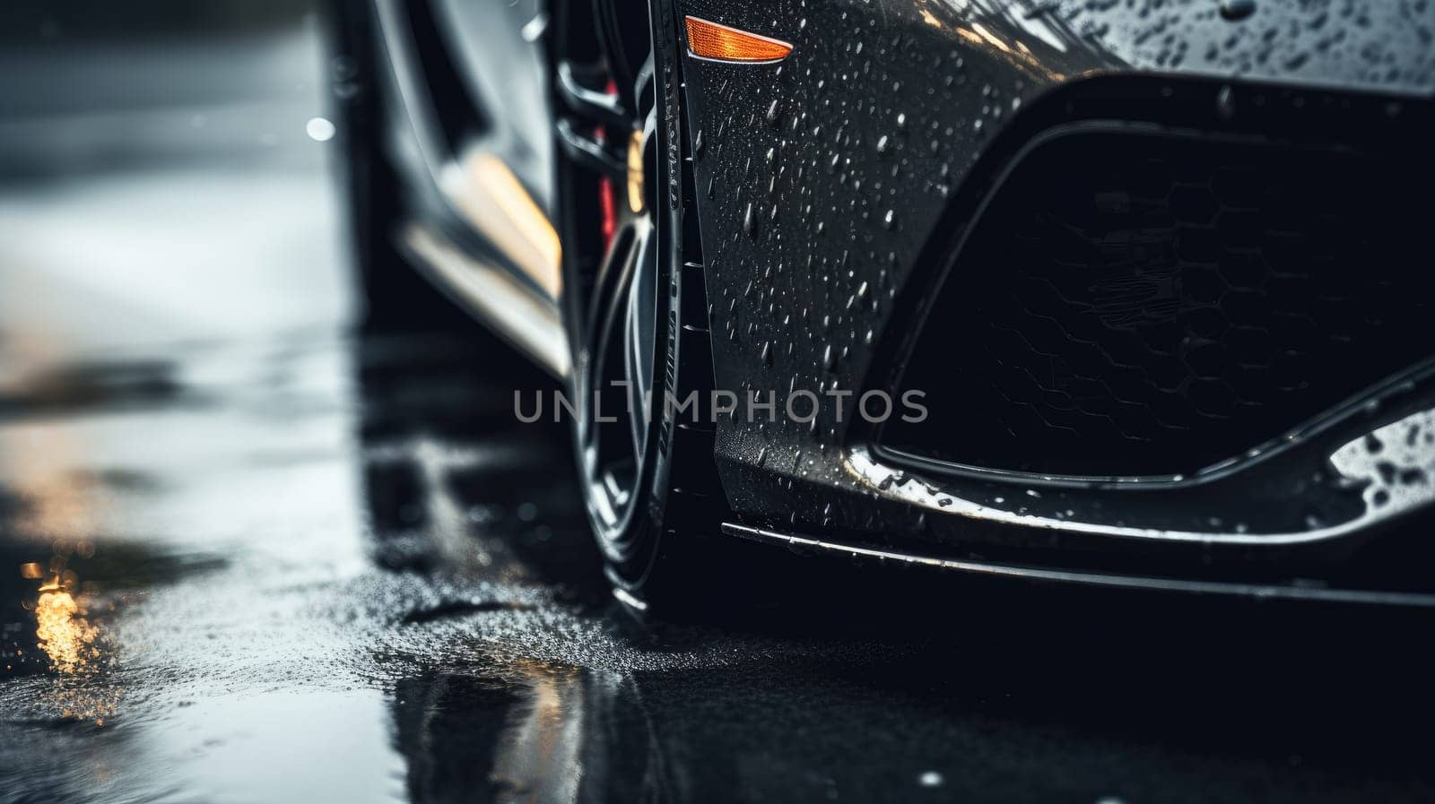 Car wet, A car in the rain the focus is on the tires, Close-up of car tires on wet, AI Generative by nijieimu