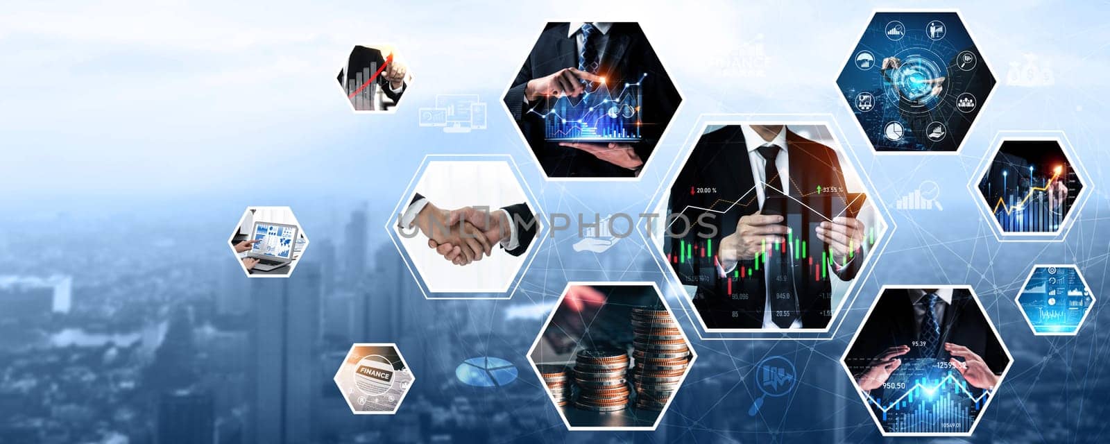 Futuristic business digital financial data technology concept for future big data analytic and business intelligence research for businessman analyst invest decisions making panoramic banner kudos