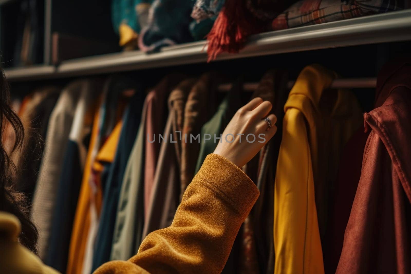 Closeup unrecognizable woman picking clothes from wardrobe, choosing what to wear.