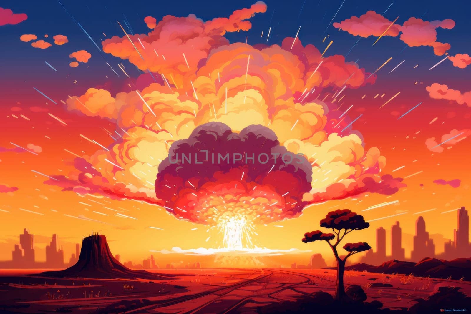 Cartoon pop Art background nuclear explosion.