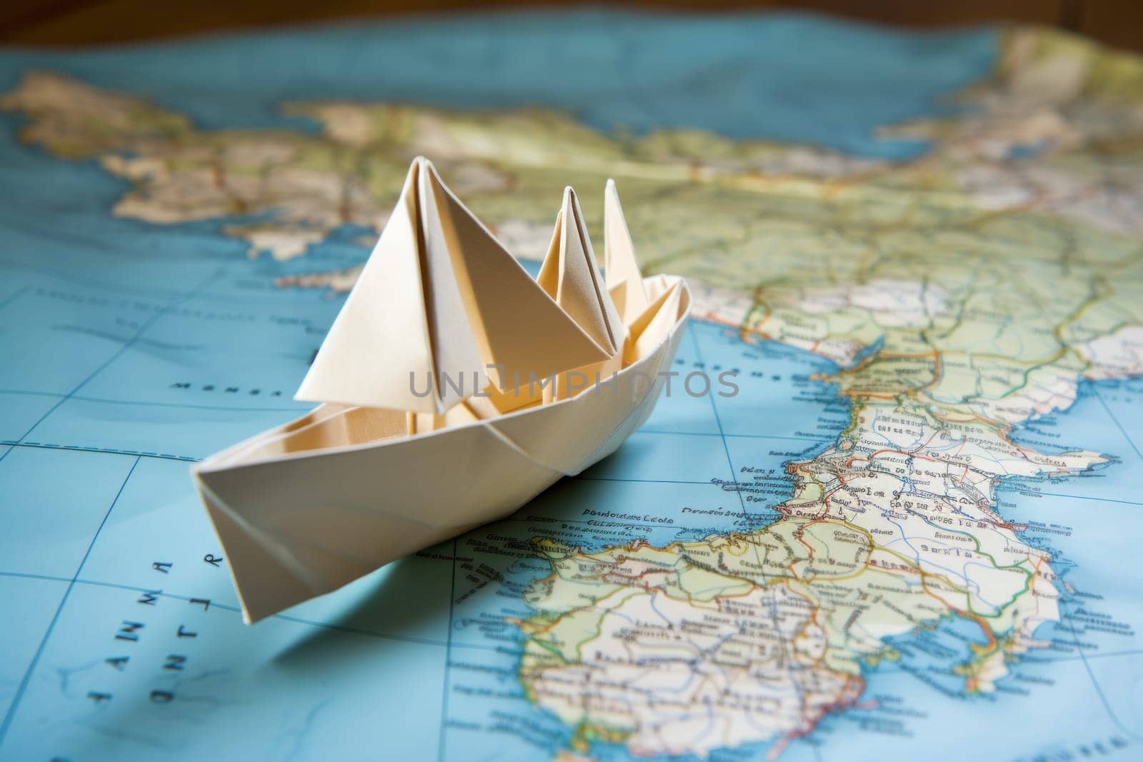 Paper boat on the world map paper, travel concept.