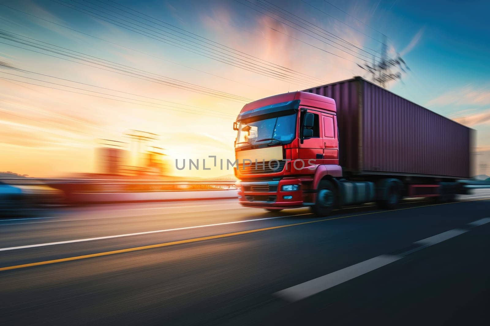 Truck with container on highway, cargo transportation concept. Fast delivery, blurred motion by nijieimu