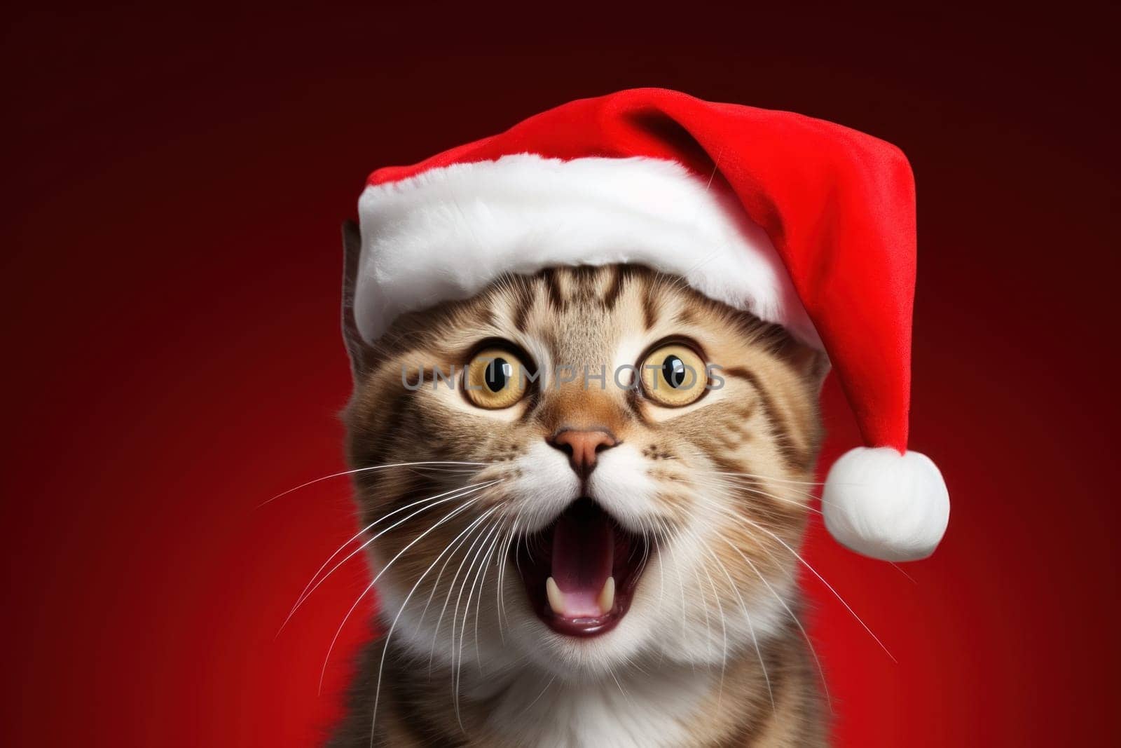 Funny surprised cat with santa hat studio shot isolated bright color background.