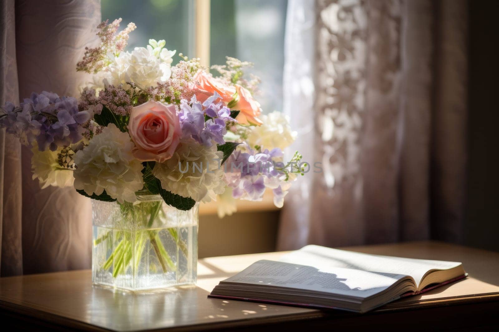 Photo of A bouquet of flowers in a crystal vase.