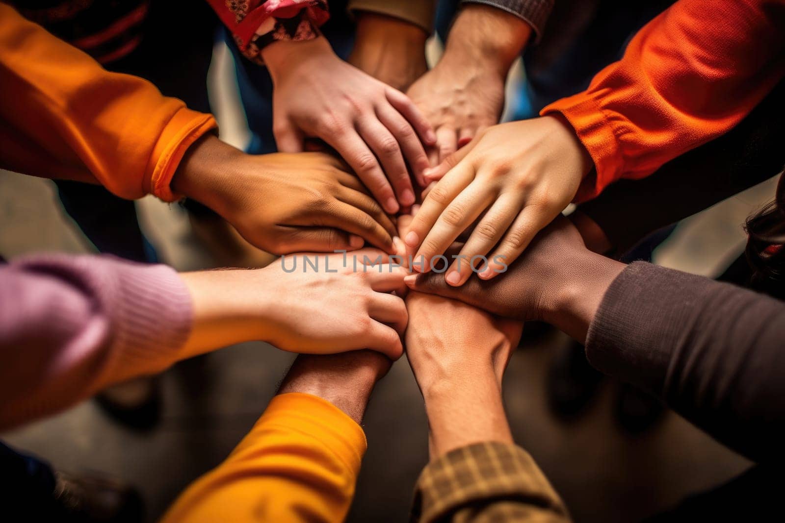 Many hands of different races and ethnicities. United for equality, team work, no room for racism.