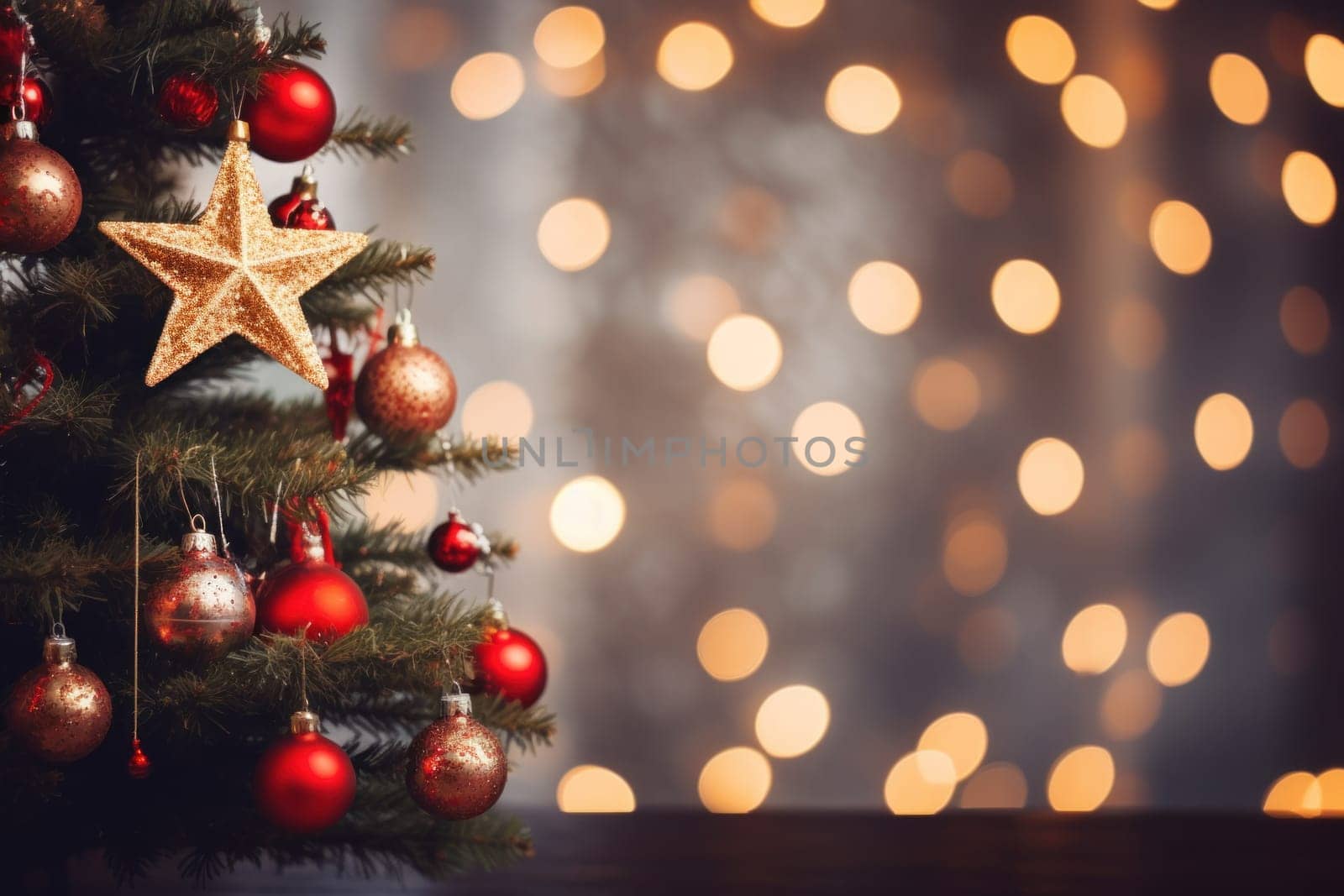 Christmas, New Year decor tree red and golden balls on lights bokeh background. Selective focus.