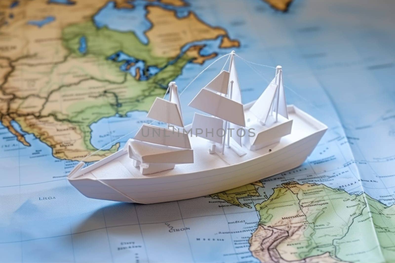 Paper boat on the world map paper, travel concept.