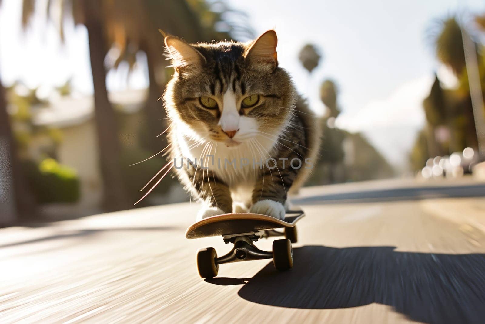 Skateboarding cat. Funny cat rides skateboard on the street in summer city.