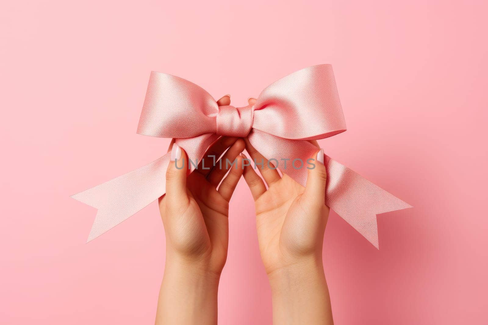 Hands catching a pink bow on a pink background, cancer day, AI Generative.