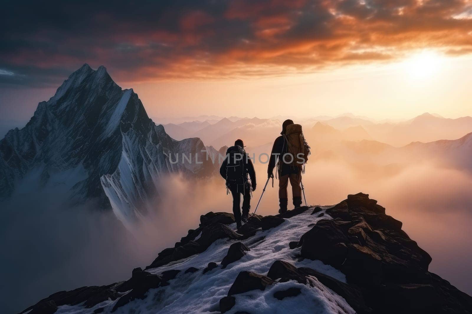 Snowy foggy mountain climbers, 2 climbers climb to the top of snowy mountain, hiking, AI Generative by nijieimu