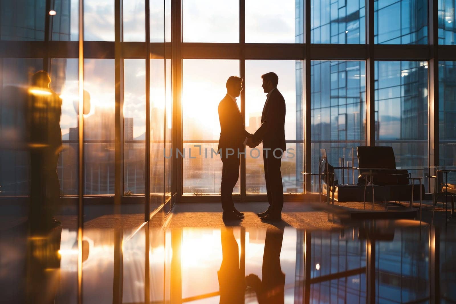 Handshake, Silhouettes of two businessmen shaking hands after the deal is done in office.
