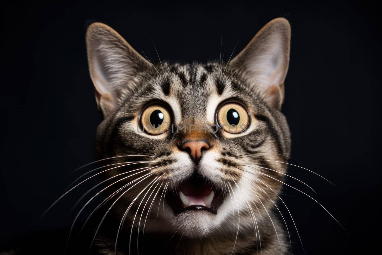 Funny surprised cat studio shot isolated bright color background.