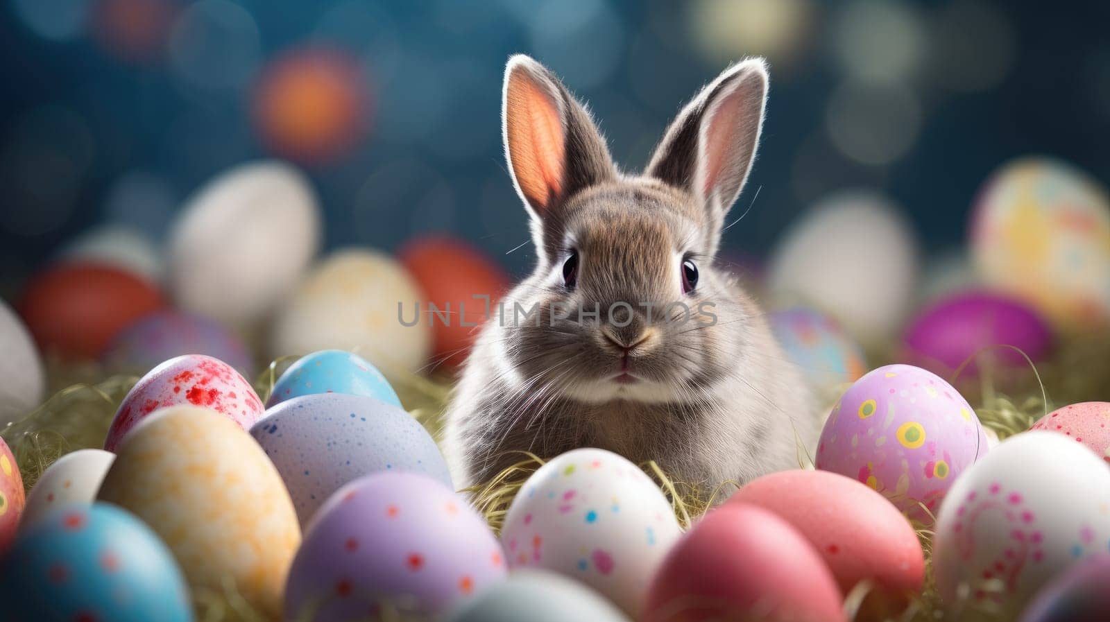 Adorable Easter Bunny With Easter Eggs, colorful Easter eggs, banner and wallpaper, AI Generative.