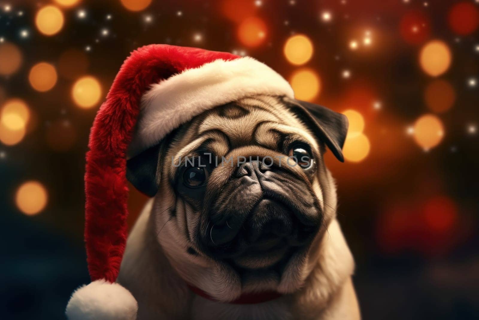 Portrait of cute dog, celebrating Christmas holidays wearing a red Santa Claus hat, AI Generative.