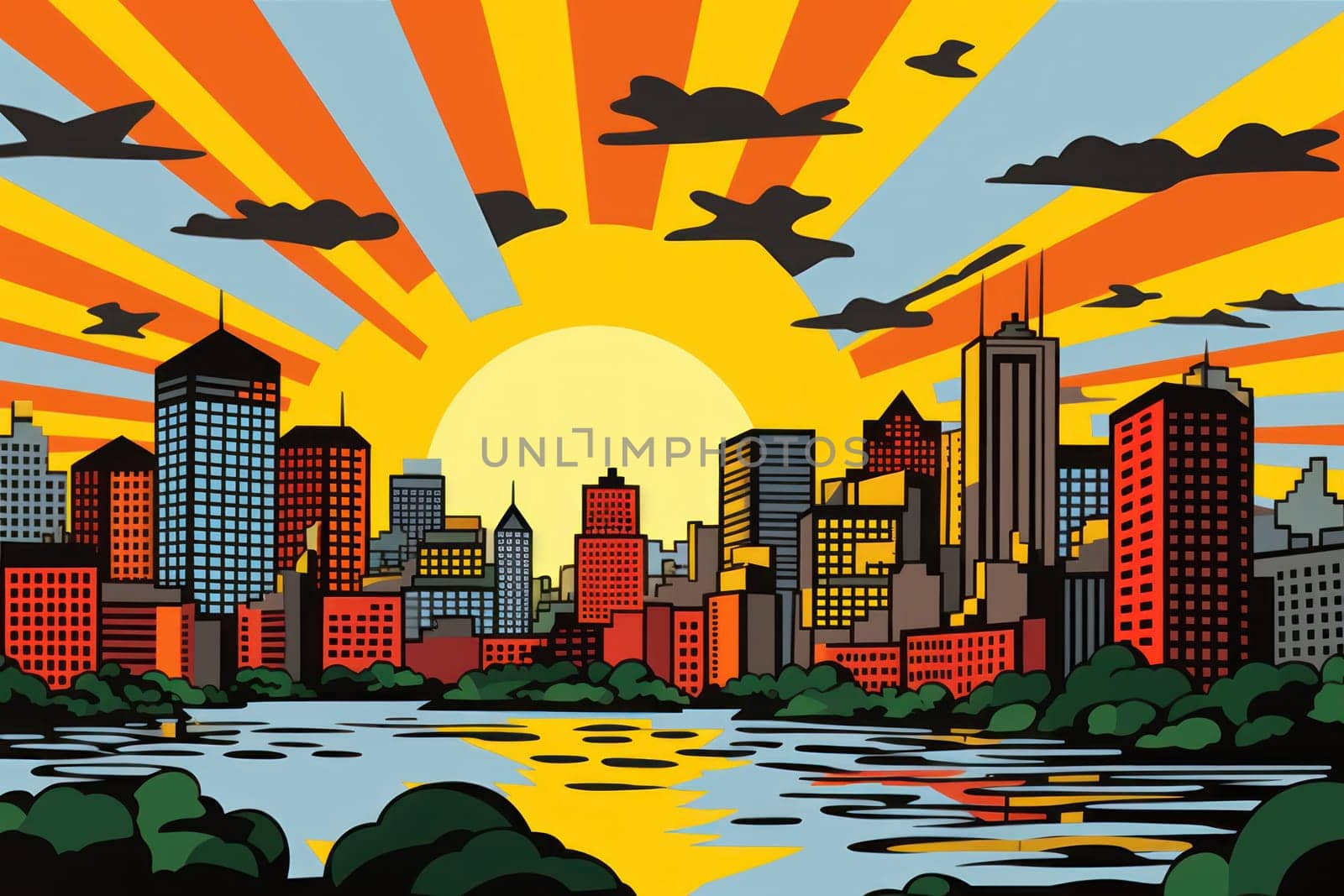 comic retro pop art style sunrise in the city.