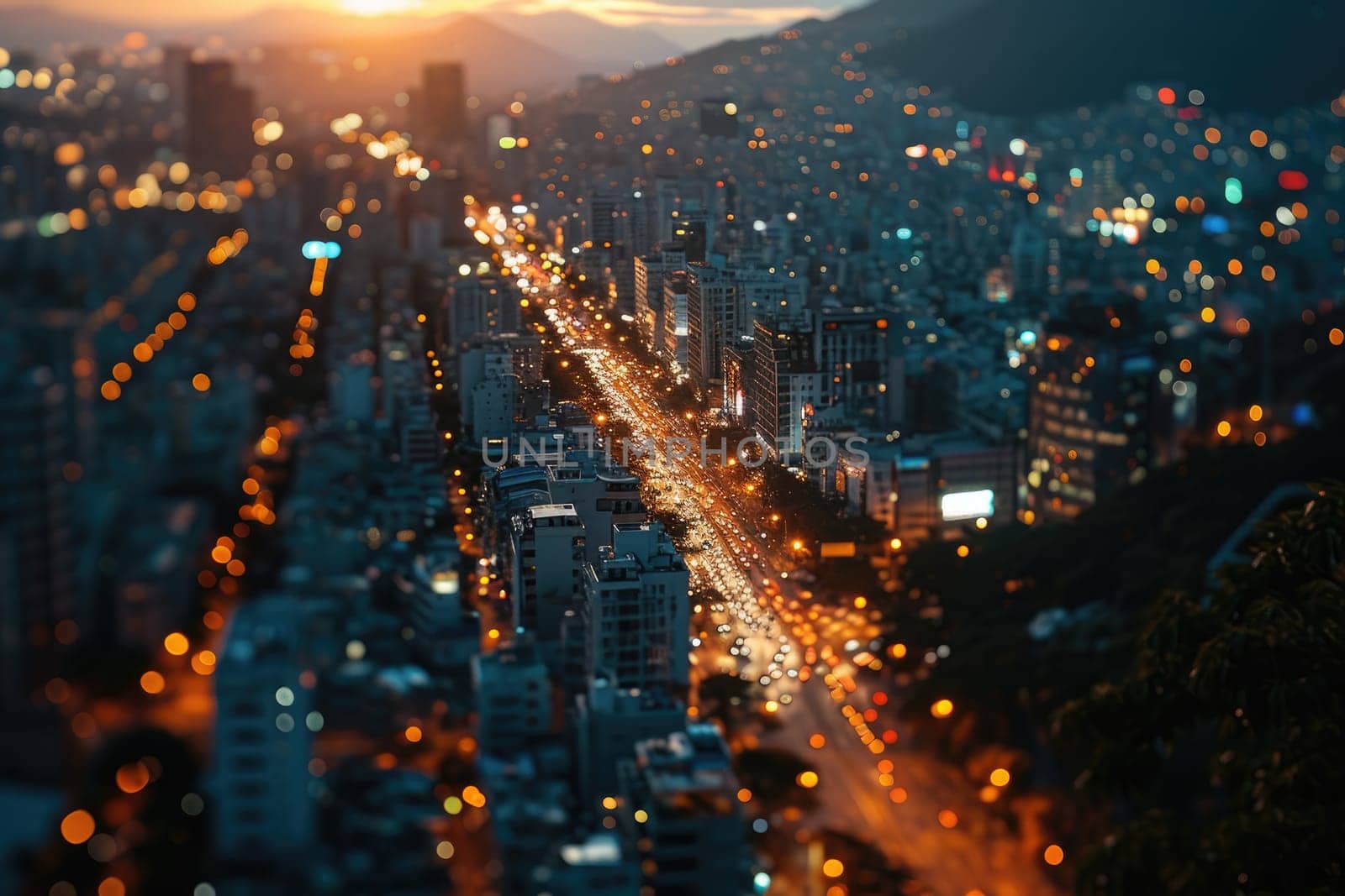 Aerial view of a city street at night time, long exposure of the car lights.