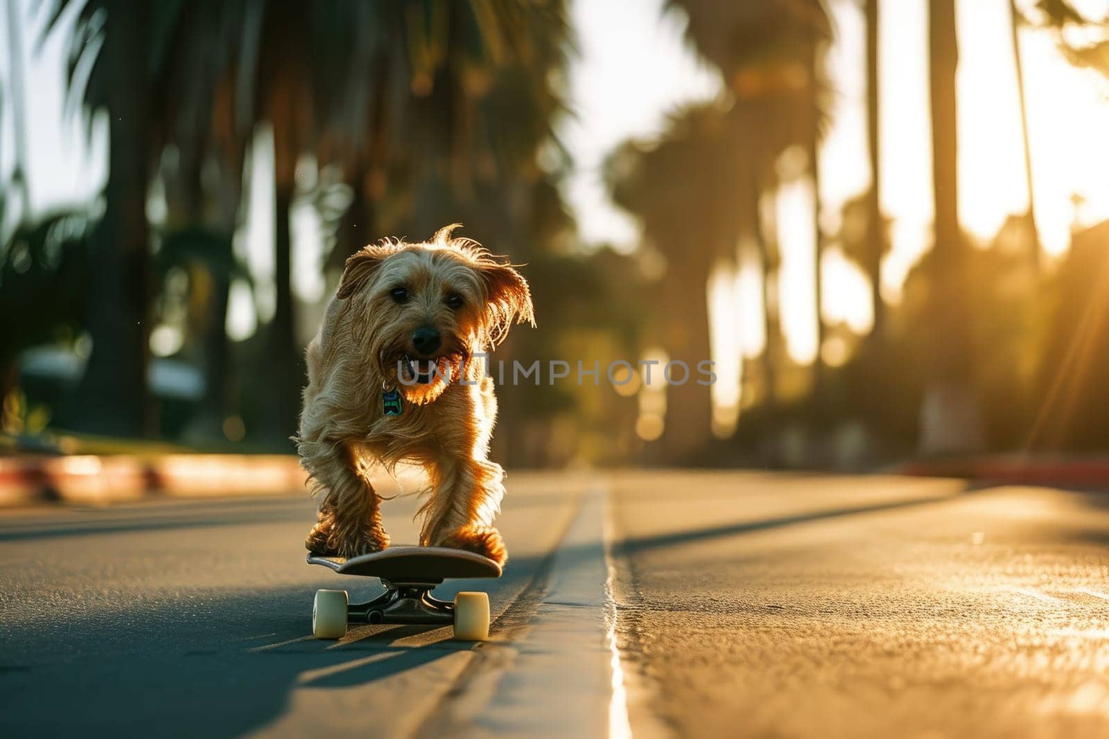 Skateboarding dog. Funny dog rides skateboard on the street in summer city.