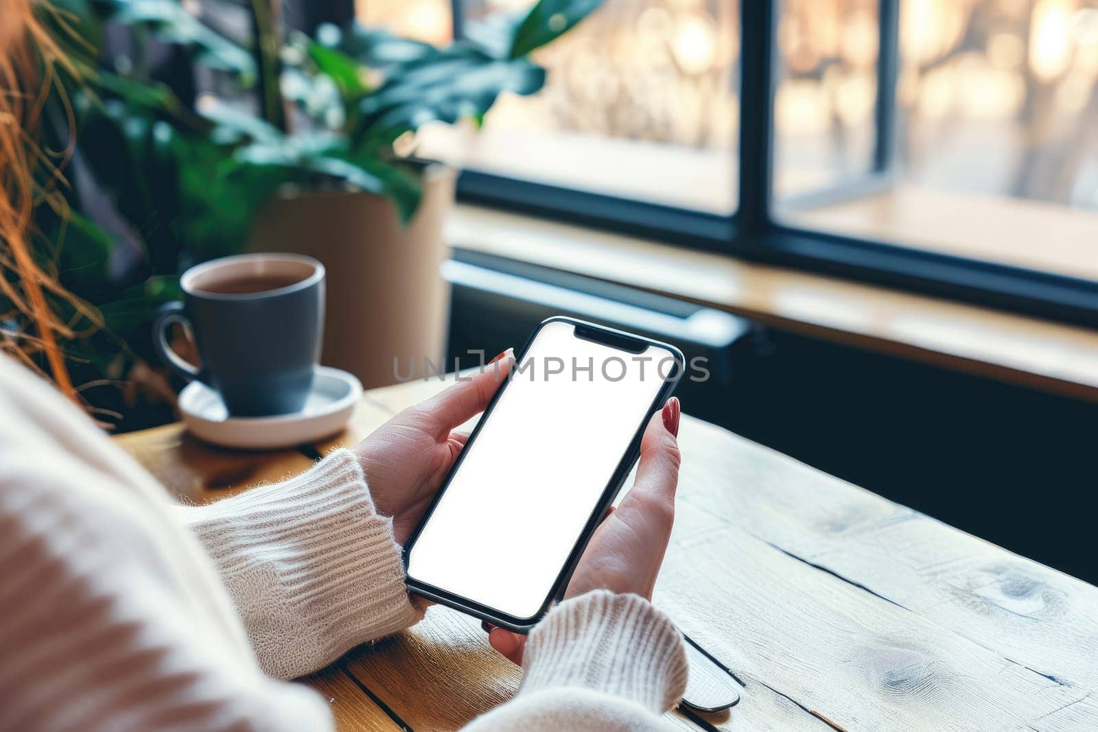 Mockup, woman's hand holding using mobile, mobile app design and advertising, white screen mockup.