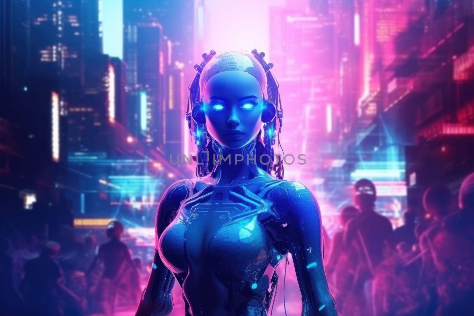 Creative poster collage of cyberpunk neon blue pink city light female robot.