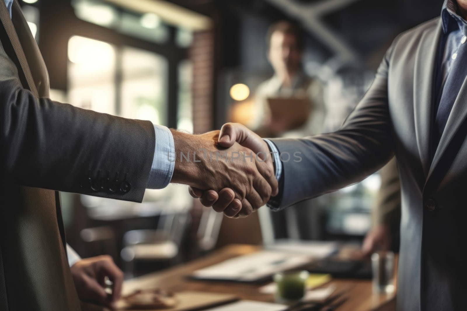 Photo of Businessman shaking hands in workroom.