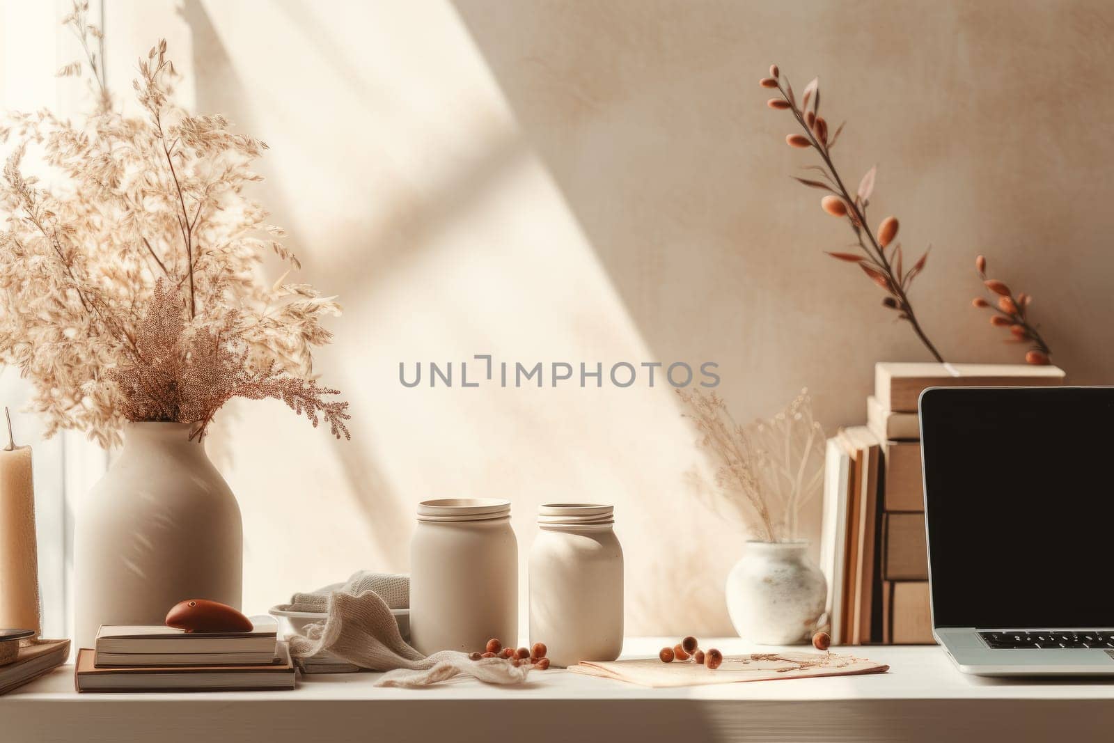 Desk interior style minimal pastel desk with vase and laptop, AI Generative.