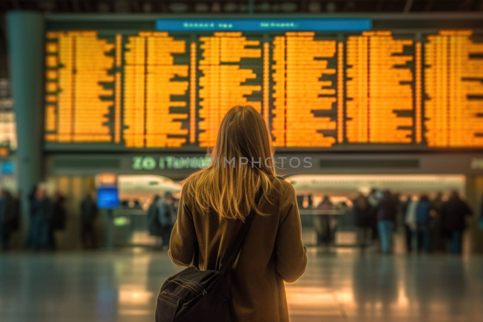 Photo of a people in The Airport In Front Of The Flight Information Display.