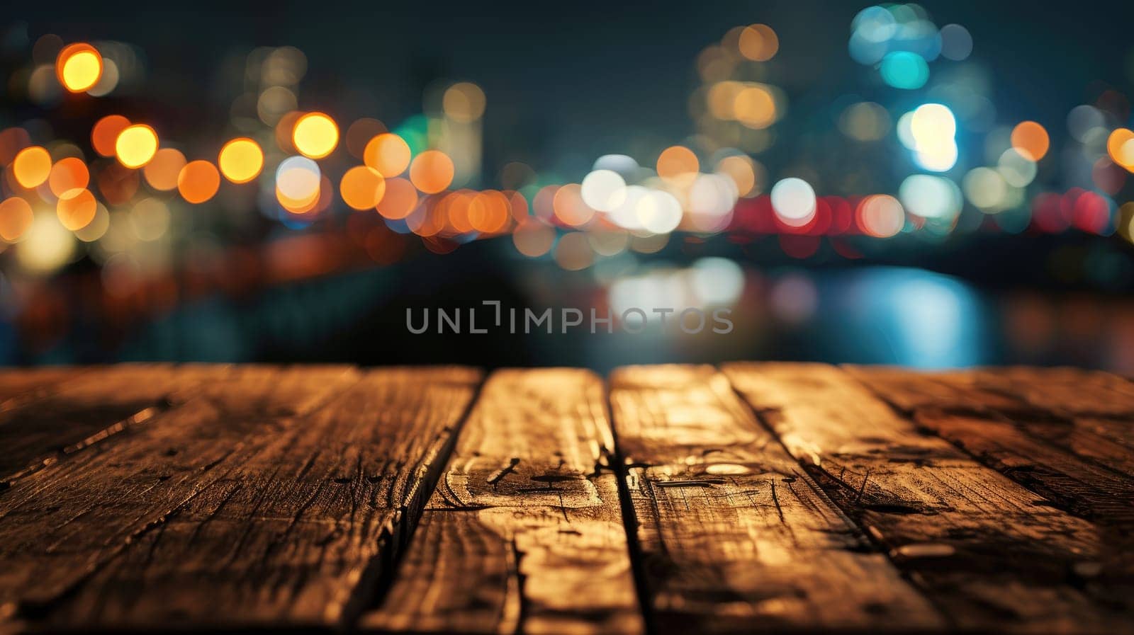 Blank wood tabletop with blurred night city skyline and river, showcase, nightlife,.