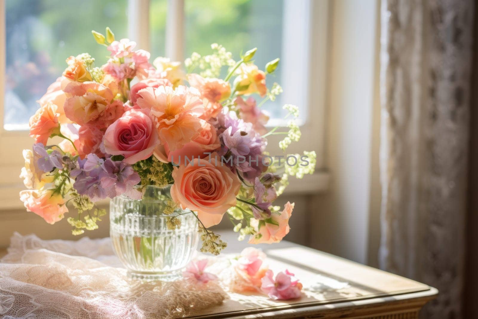 Photo of A bouquet of flowers in a crystal vase.