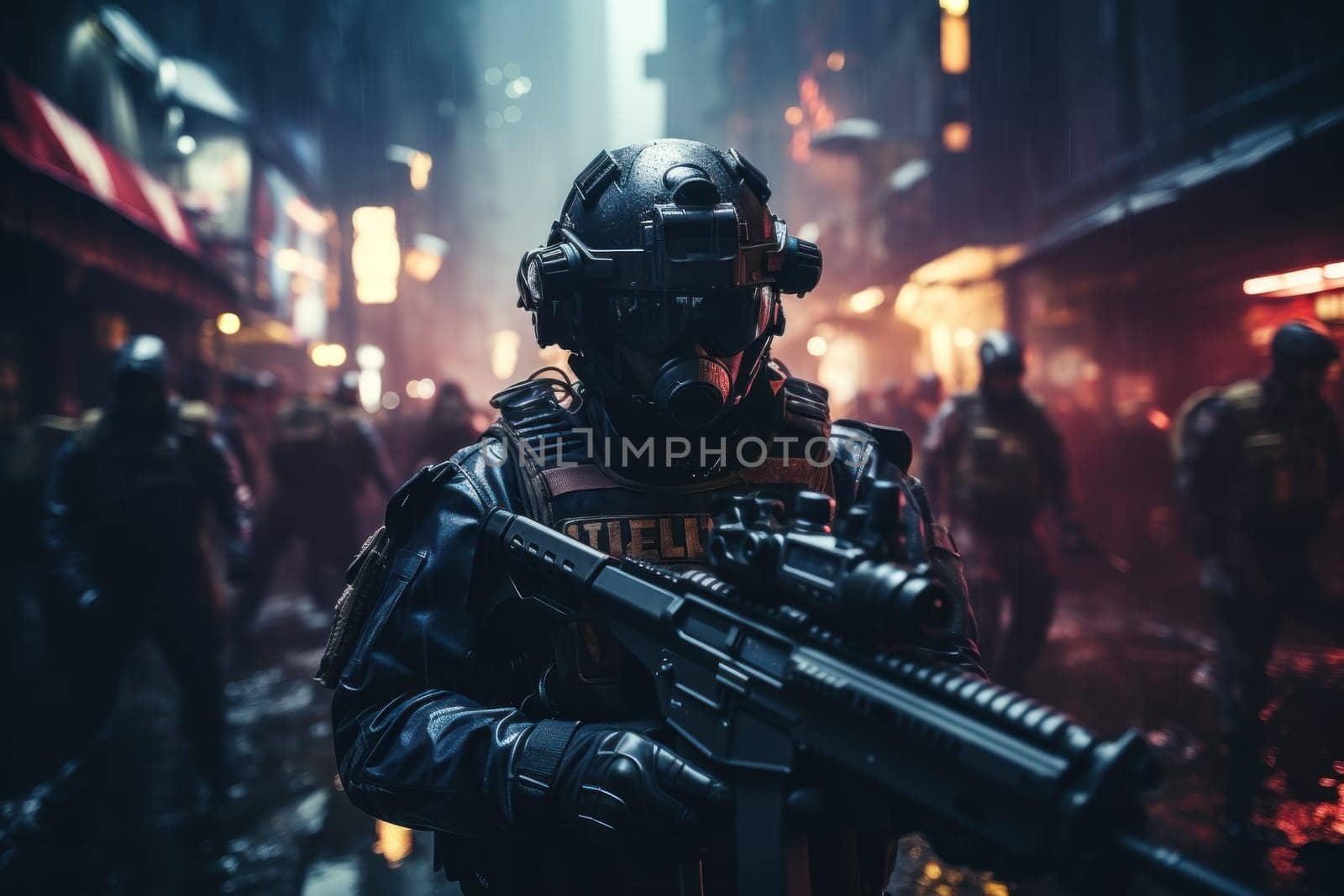 Futuristic special force soldiers, Cyberpunk warrior portrait in neon light background.