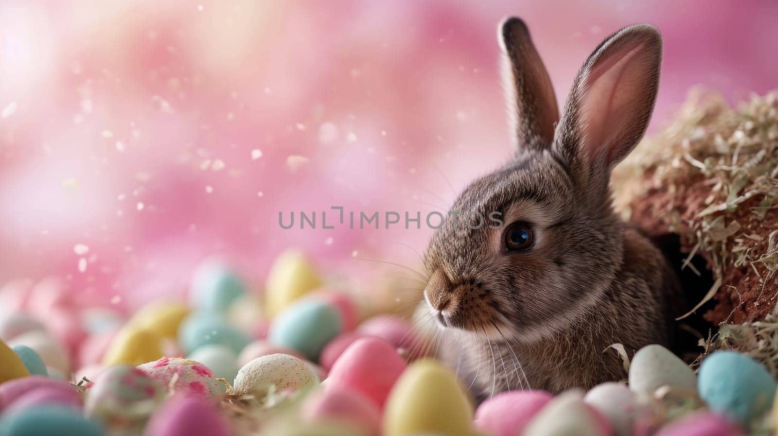 Adorable Easter Bunny With Easter Eggs, colorful Easter eggs, banner and wallpaper.