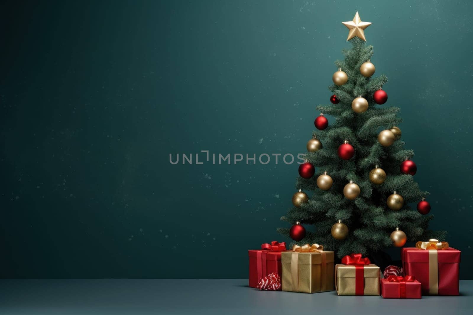 Christmas Tree Winter with Gift Boxes green Background for advertising.
