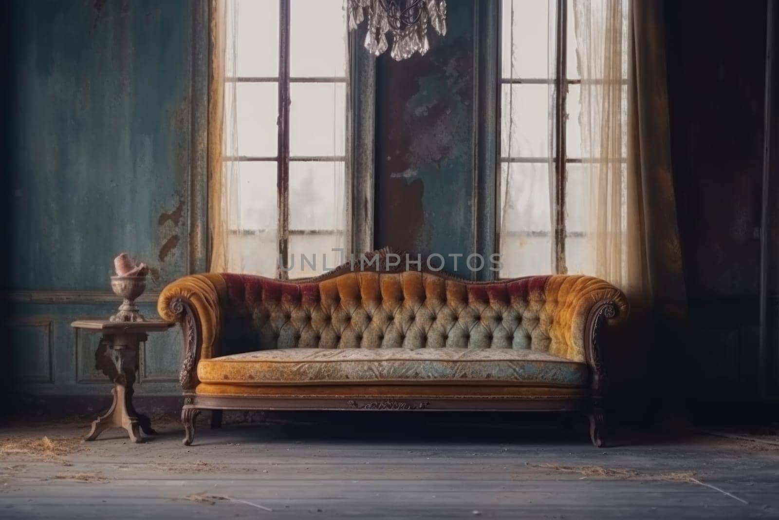 Photo of a Old sofa in an abandoned building, Interior of abandoned.
