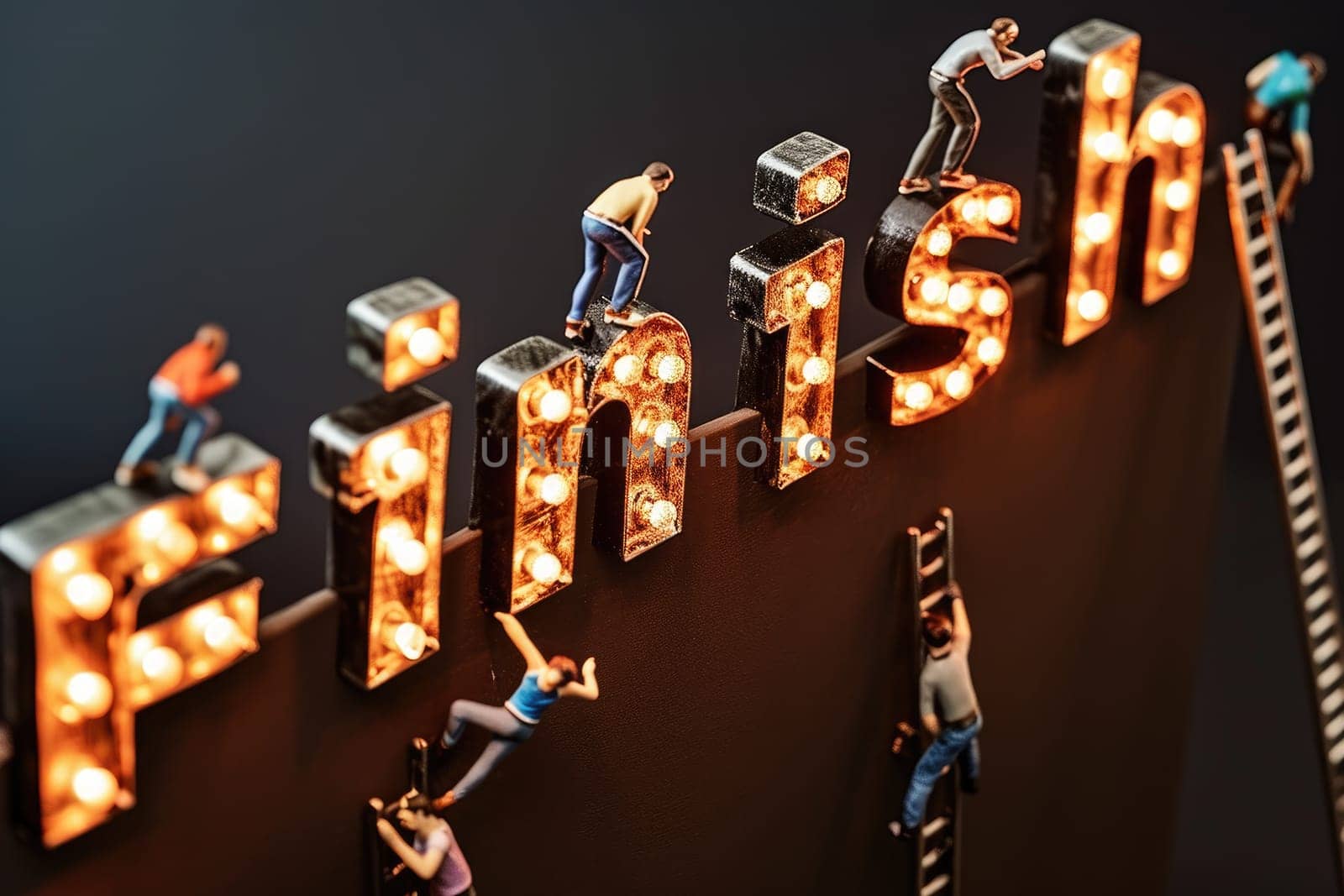 Figurine of many people action to lean on the ladder and climb up to the top a giant word Finish.