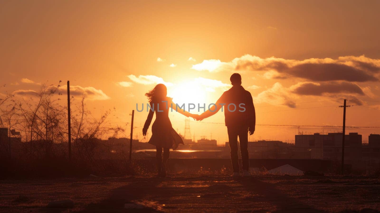 a couple holding hands as the sun sets behind them, AI Generative.