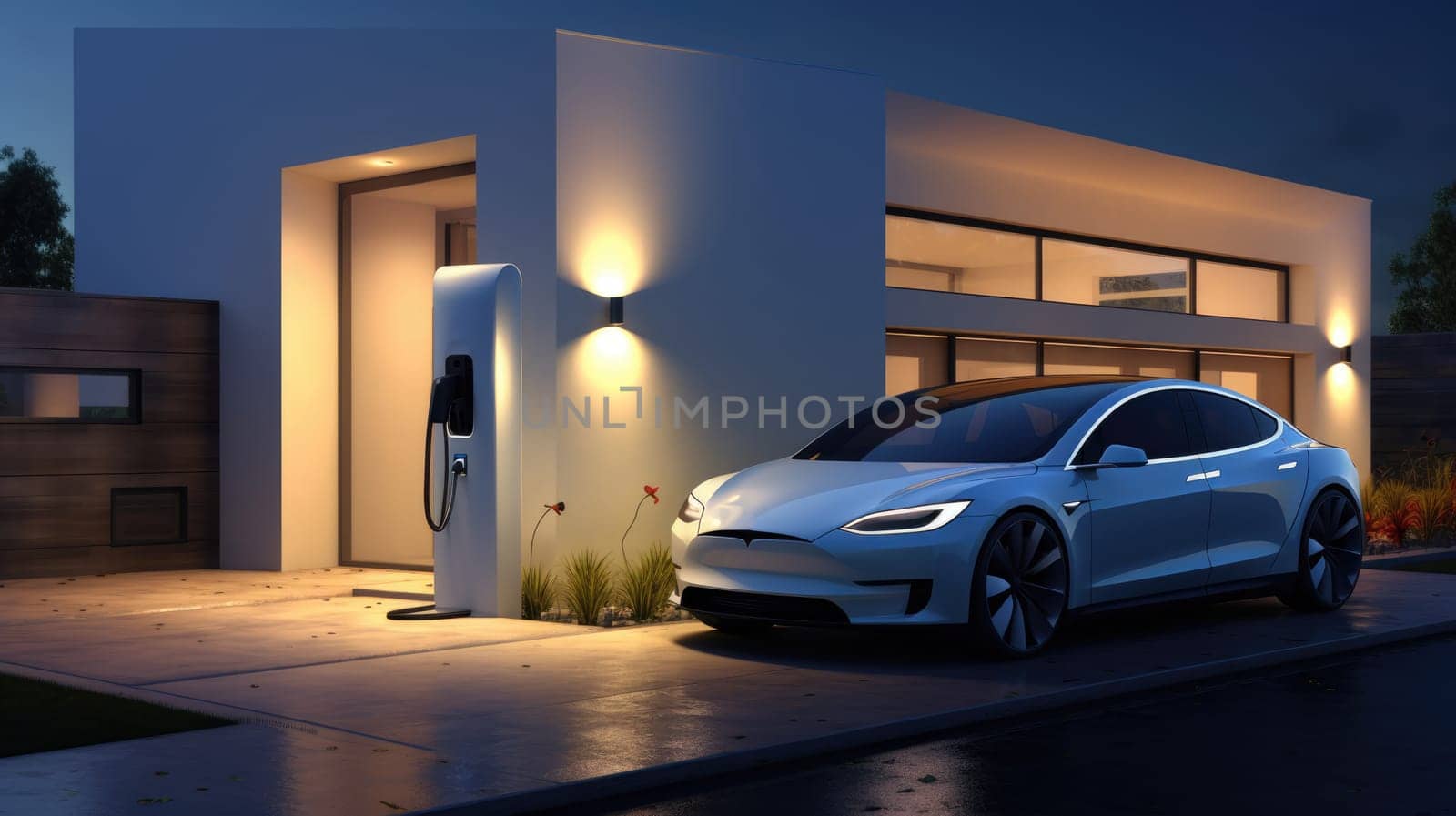 Generic electric vehicle EV hybrid car is being charged from wall charger on contemporary modern residential building house at night time by JuliaDorian