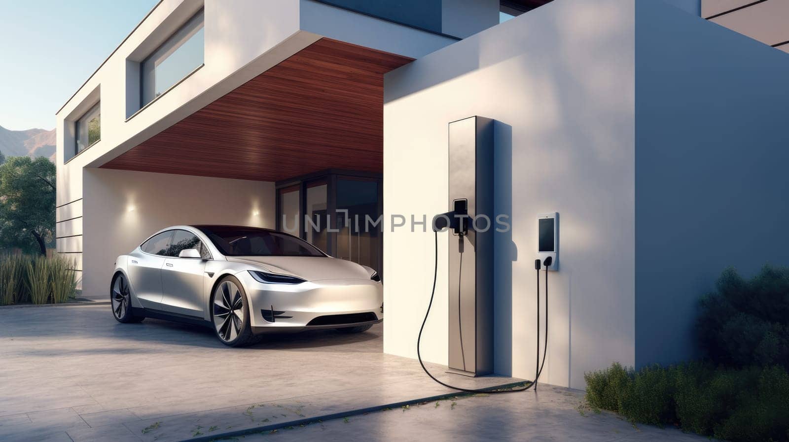 Generic electric vehicle EV hybrid car is being charged from wall charger on contemporary modern residential building house.