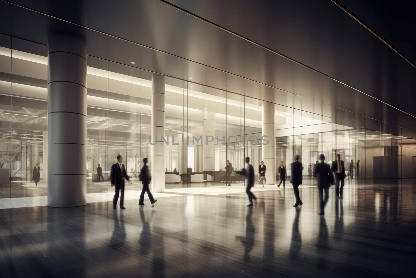 Long exposure banner of modern office lobby with business people, Defocused people in the office.