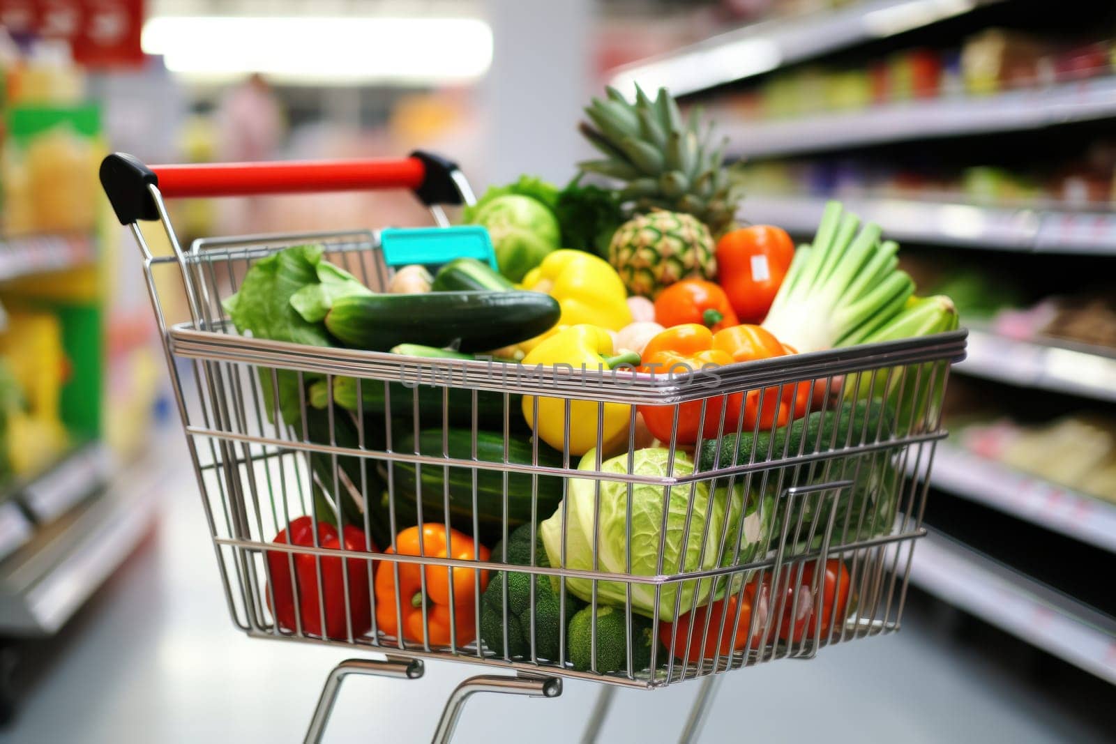 Shopping cart in grocery store full of fruits and vegetables.