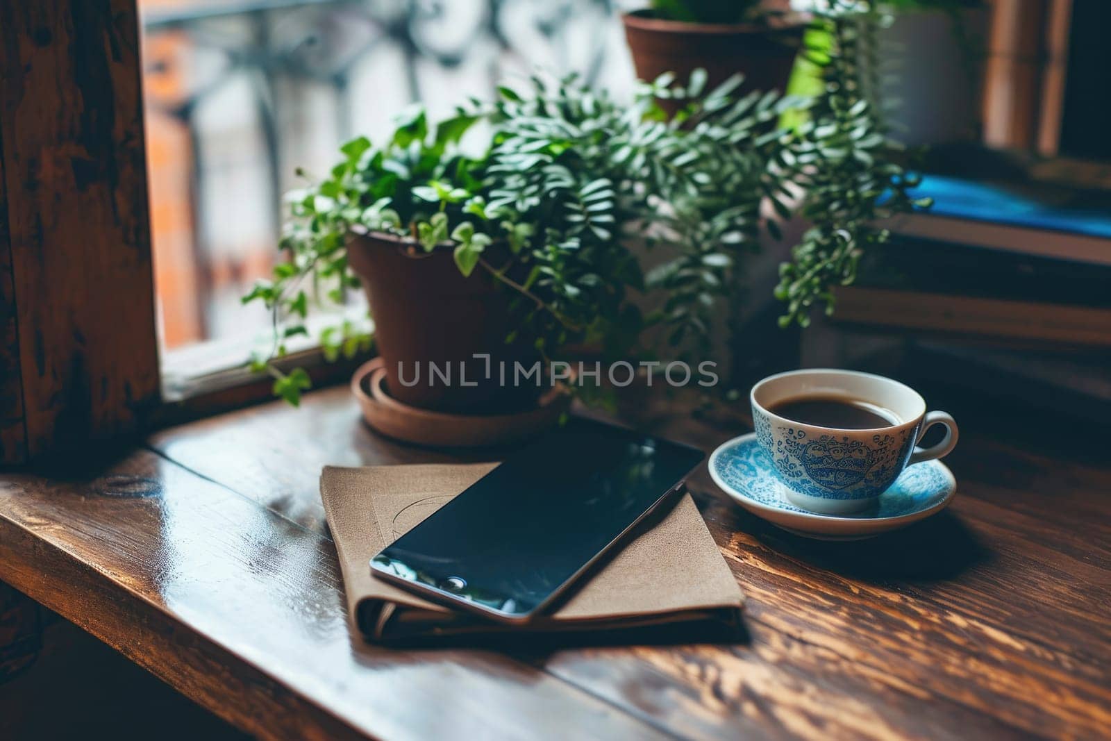 Empty tablet with a cup of coffee on wood work desk, soft focus vintage color tone.