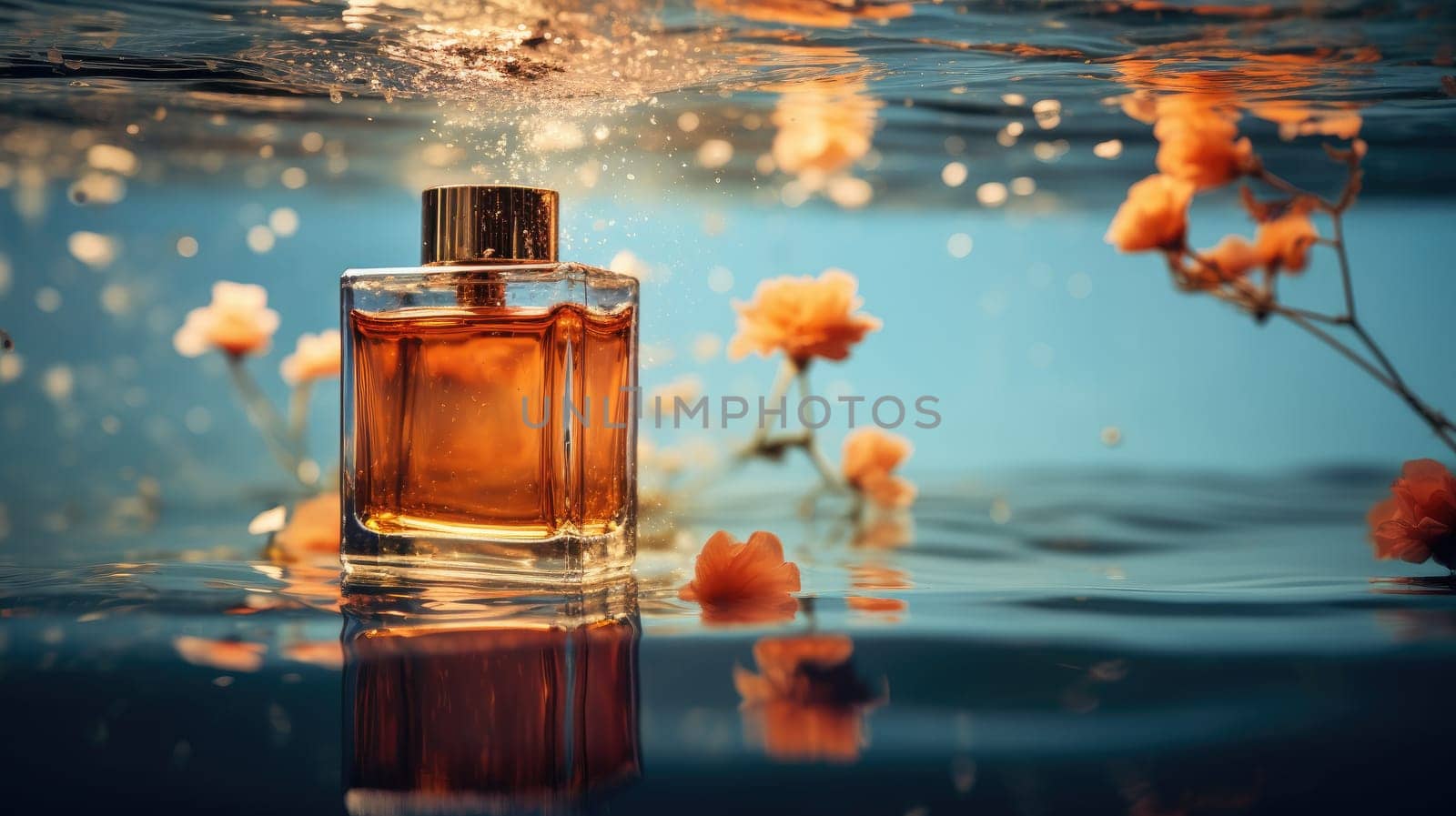 Product photo of a perfume floating on the water surface, AI Generative.