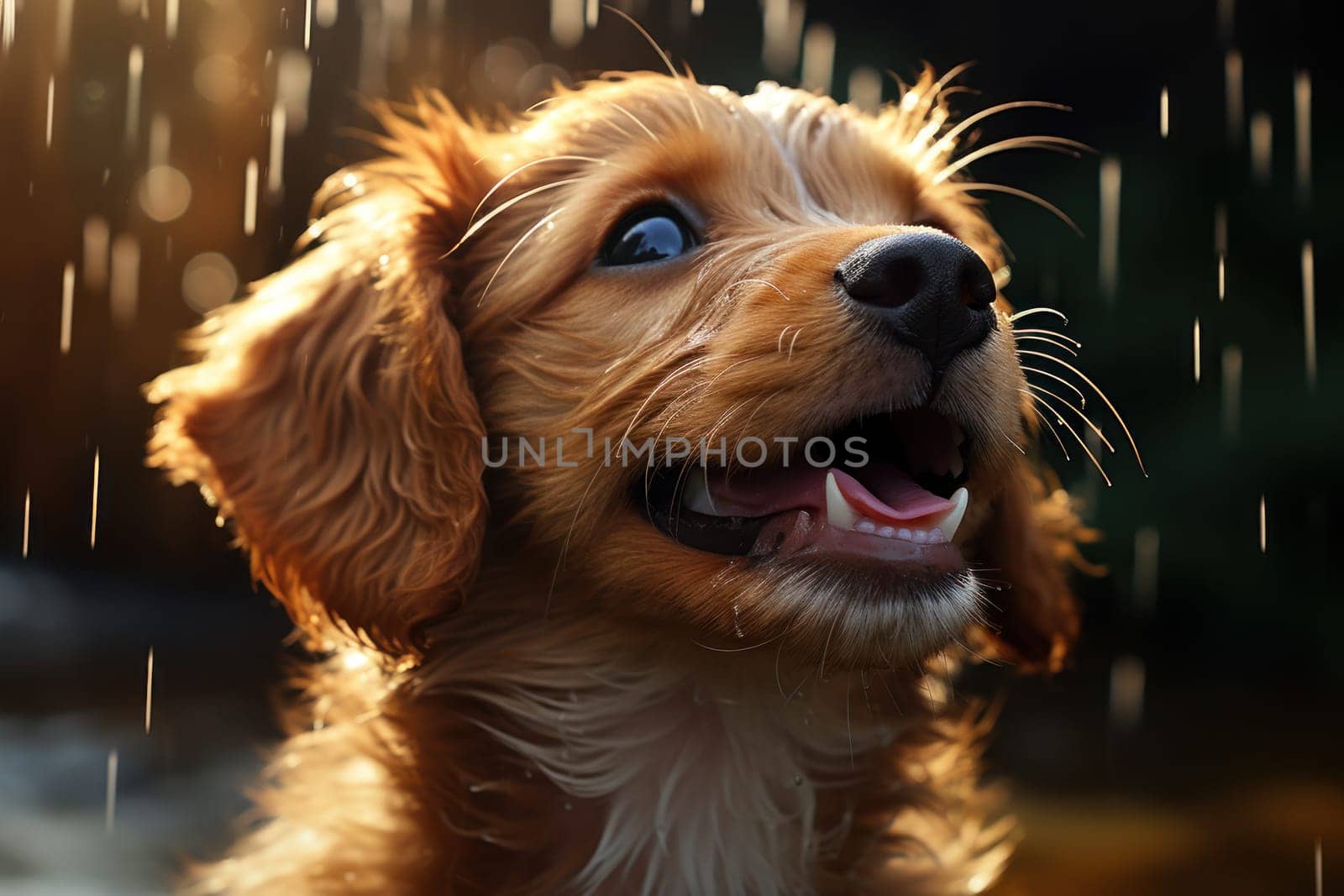 A puppy with floppy ears trying to catch the raindrops with its tongue by nijieimu