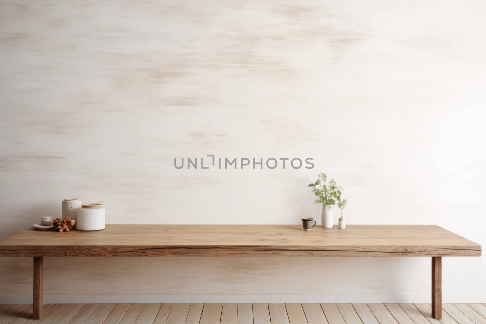 Minimal style Room with blank wall and wooden table.