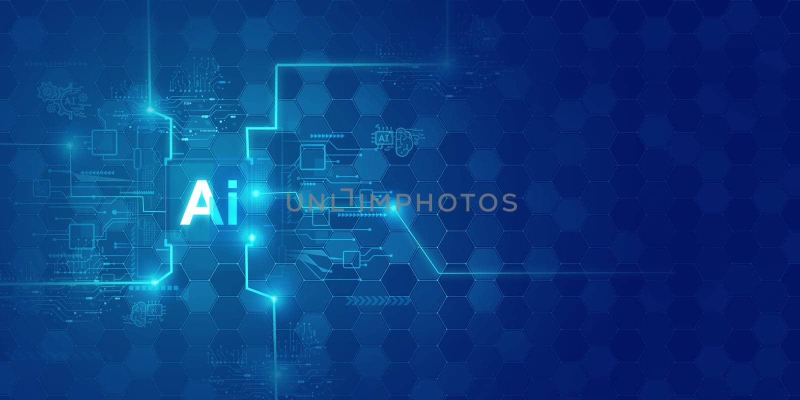 Artificial intelligence Ai self learning improving development problem solving solution tasks of future technology, ai graphics computer chip brain memory power, futuristic blue abstract background.