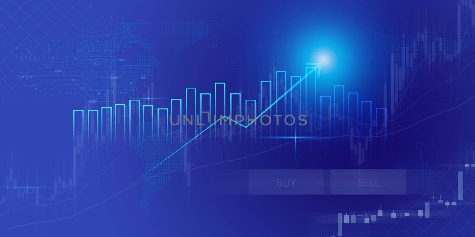 Business growth arrow up digital on blue dark background, investment graph technology circuit to success, financial data technology strategy, market chart profit money, abstract finance background