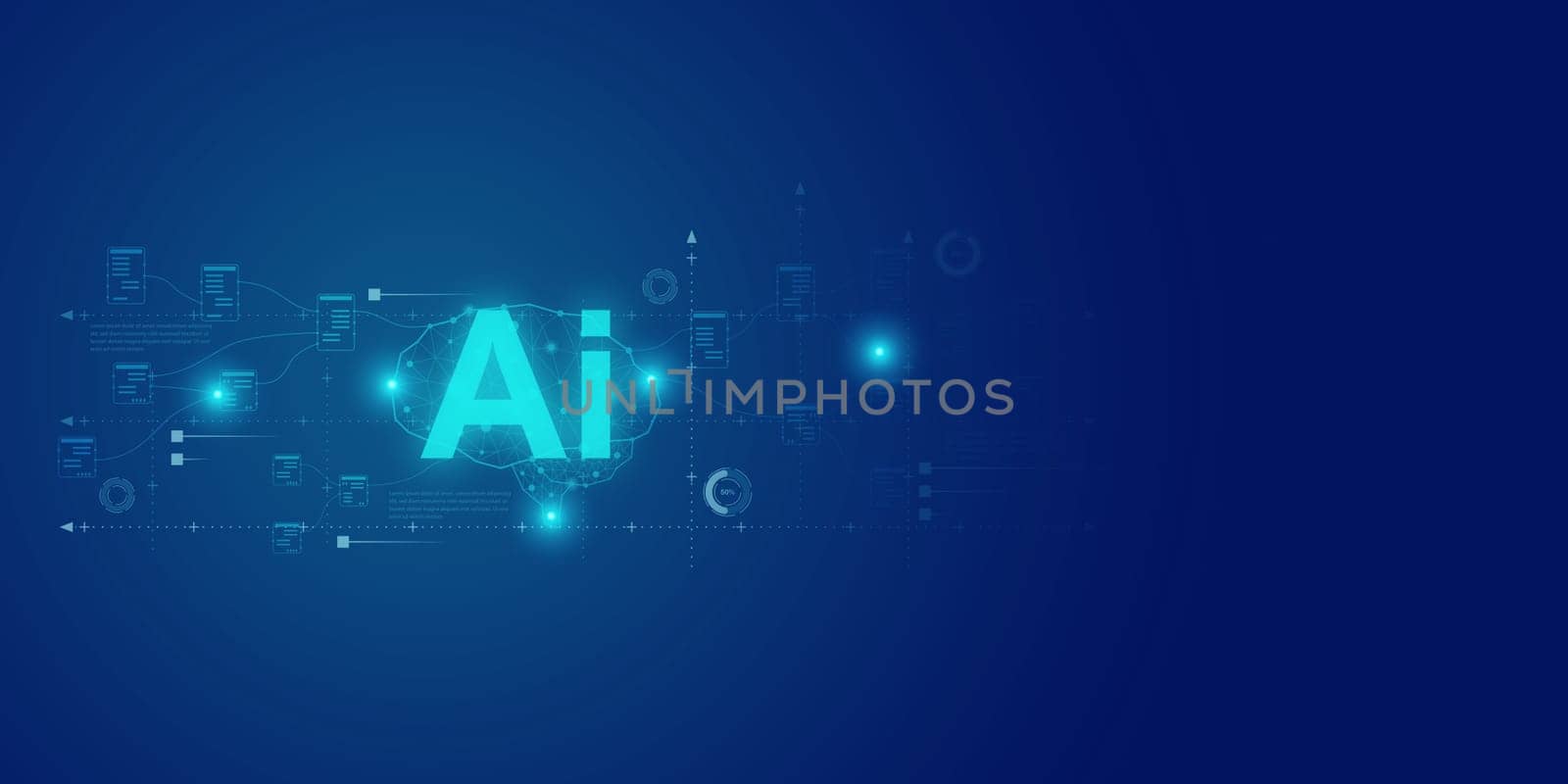 Artificial intelligence Ai self learning improving development problem solving solution tasks of future technology, ai graphics computer chip brain memory power, futuristic blue abstract background.