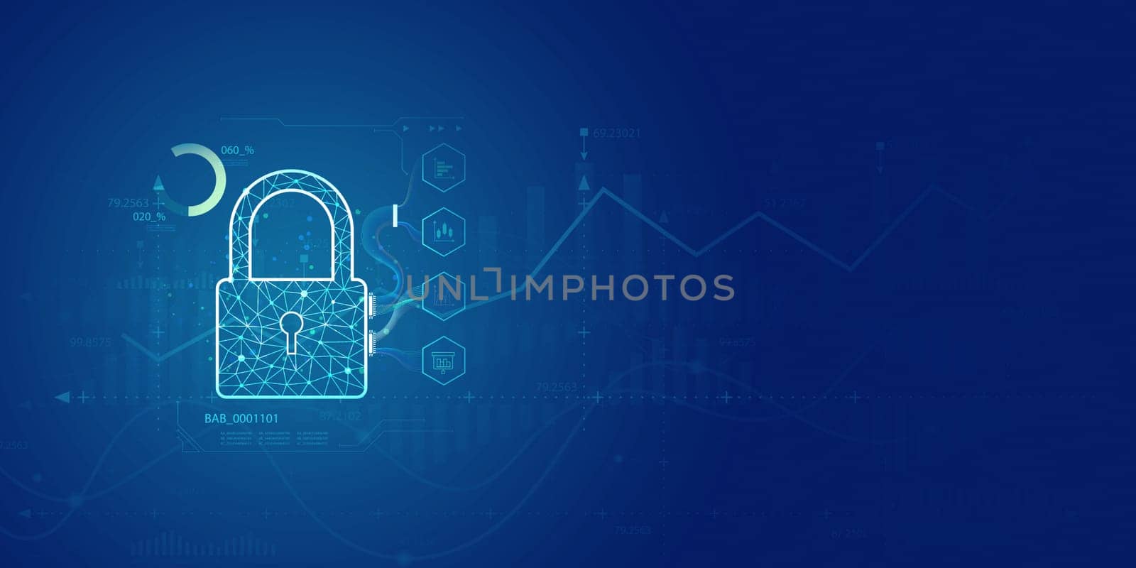 Futuristic blue shield ethics and Security abstract technology background. Artificial intelligence digital transformation and Business quantum internet network communication and Antivirus. by Unimages2527