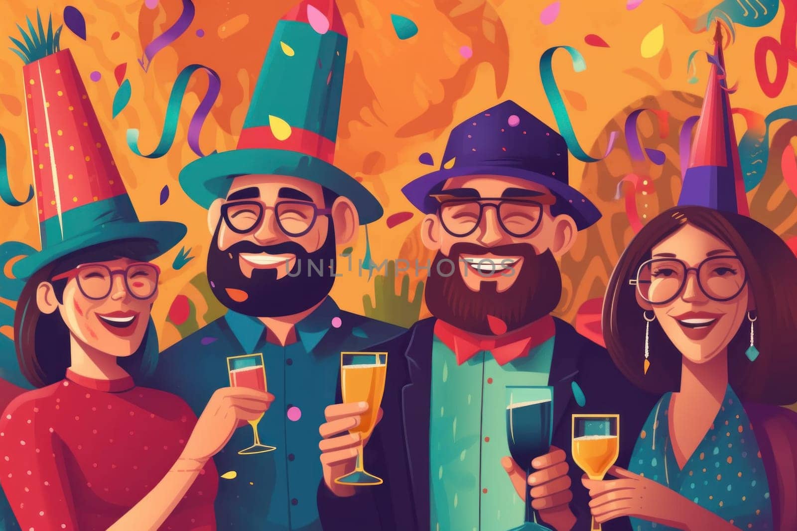 a diverse people wearing colorful party hats Celebrate new year party, illustration.