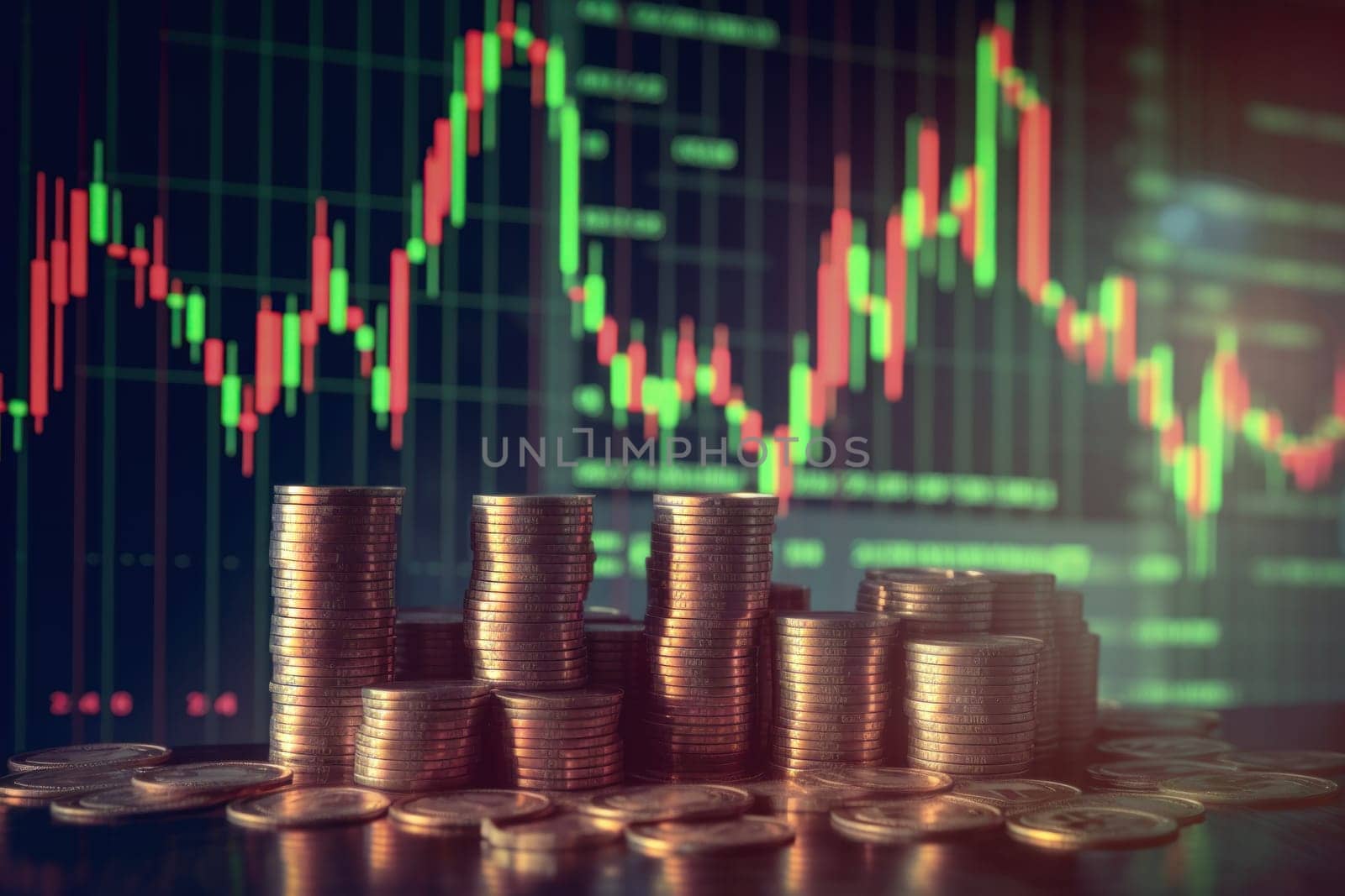 Financial graph with stock market uptrend line graph and background of coins.